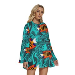 Round Neck Long Sleeve Bohemian Style Chiffon Mini Dress 