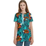 Flame Swirls Women s Zip Front V-Neck Short Sleeve Casual Top Pocket Shirt