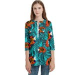 Flame Swirls Women s Zip Front V-Neck 3/4 Sleeve Casual Top Pocket Shirt