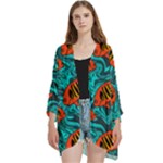 Flame Swirls Open Front 3/4 Sleeve Batwing Chiffon Cardigan Kimono