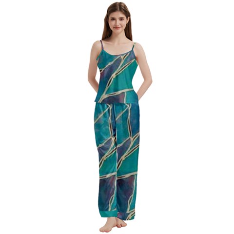 Aqua Batik, Abstract, Colorful Spaghetti Top Long Pants Satin Pajamas Set from ArtsNow.com