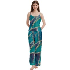 Aqua Batik, Abstract, Colorful Spaghetti Top Long Pants Satin Pajamas Set from ArtsNow.com