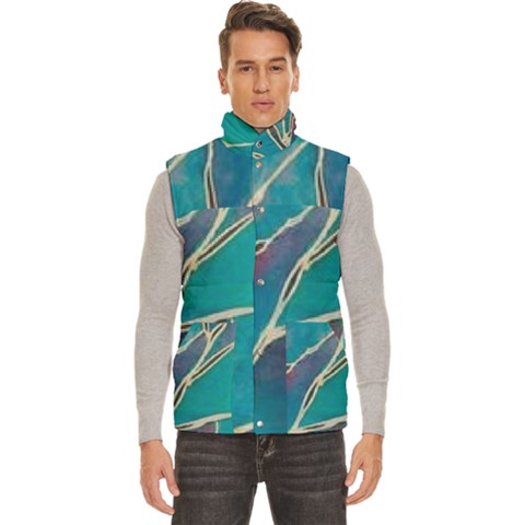 Aqua Batik, Abstract, Colorful Men s High Neck Button Up Puffer Vest from ArtsNow.com