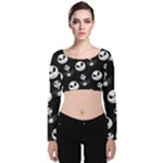 Jack Print, White, Before, Plain, Black, Simple, Christmas Velvet Long Sleeve Crop Top