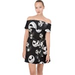 Jack Print, White, Before, Plain, Black, Simple, Christmas Off Shoulder Chiffon Dress