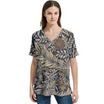 Brown Vintage Background Vintage Floral Pattern, Brown V-Neck Split Shoulder Casual T-Shirt