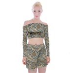 Brown Vintage Background Vintage Floral Pattern, Brown Off Shoulder Top with Mini Skirt Set