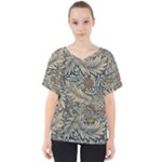 Brown Vintage Background Vintage Floral Pattern, Brown V-Neck Dolman Drape Top