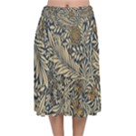 Brown Vintage Background Vintage Floral Pattern, Brown Velvet Flared Midi Skirt