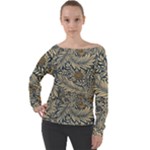 Brown Vintage Background Vintage Floral Pattern, Brown Off Shoulder Long Sleeve Velour Top