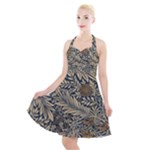 Brown Vintage Background Vintage Floral Pattern, Brown Halter Party Swing Dress 