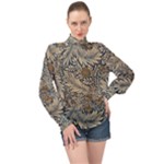 Brown Vintage Background Vintage Floral Pattern, Brown High Neck Long Sleeve Chiffon Top