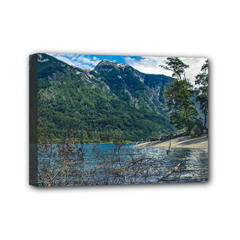 Beach At Los Alerces National Park, Chubut Province, Argentina Mini Canvas 7  x 5  (Stretched) from ArtsNow.com