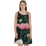 Poppy Flower Plant Petals Bloom Round Neck Sleeve Casual Dress With Pockets