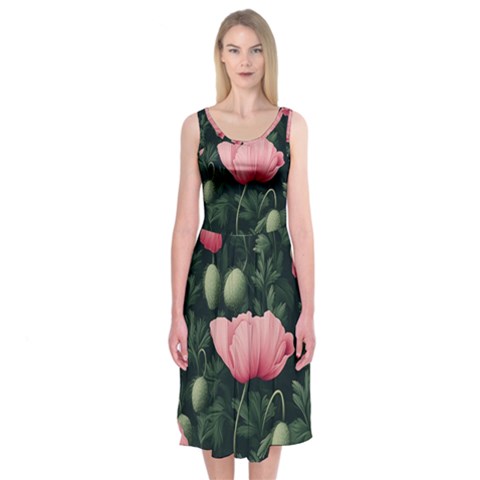 Poppy Flower Plant Petals Bloom Midi Sleeveless Dress from ArtsNow.com