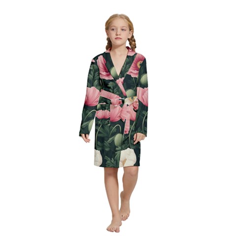 Poppy Flower Plant Petals Bloom Kids  Long Sleeve Velvet Lounge Robe from ArtsNow.com