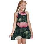 Poppy Flower Plant Petals Bloom Kids  Halter Collar Waist Tie Chiffon Dress