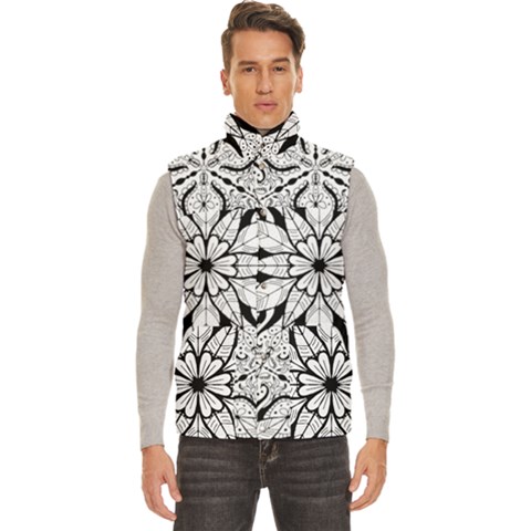 Seamless Tiling Pattern Hand Drawn Black White Men s High Neck Button Up Puffer Vest from ArtsNow.com