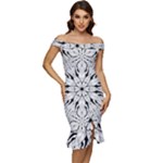 Seamless Tiling Pattern Hand Drawn Black White Off Shoulder Ruffle Split Hem Bodycon Dress