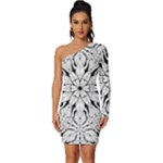 Seamless Tiling Pattern Hand Drawn Black White Long Sleeve One Shoulder Mini Dress