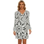 Seamless Tiling Pattern Hand Drawn Black White Long Sleeve Waist Tie Ruffle Velvet Dress