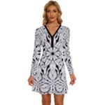 Seamless Tiling Pattern Hand Drawn Black White Long Sleeve Deep V Mini Dress 