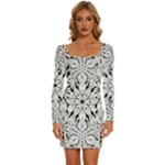 Seamless Tiling Pattern Hand Drawn Black White Long Sleeve Square Neck Bodycon Velvet Dress