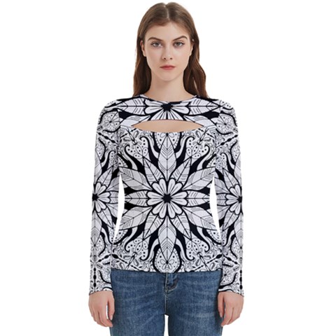 Seamless Tiling Pattern Hand Drawn Black White Women s Cut Out Long Sleeve T