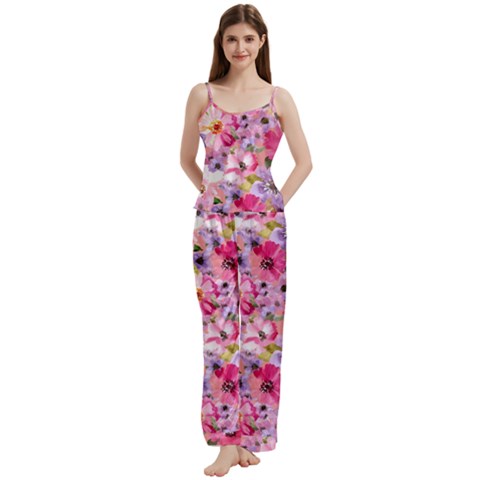 Pattern Seamless Texture Daisies Spaghetti Top Long Pants Satin Pajamas Set from ArtsNow.com