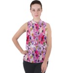 Pattern Seamless Texture Daisies Mock Neck Chiffon Sleeveless Top