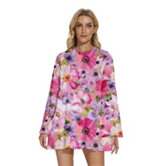 Round Neck Long Sleeve Bohemian Style Chiffon Mini Dress 