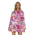 Pattern Seamless Texture Daisies Round Neck Long Sleeve Bohemian Style Chiffon Mini Dress