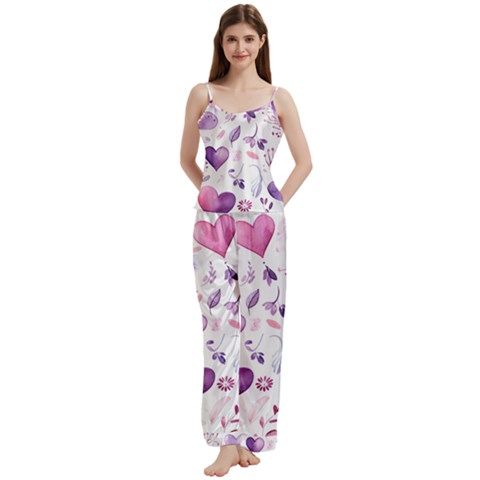 Hearts Love Purple Spaghetti Top Long Pants Satin Pajamas Set from ArtsNow.com