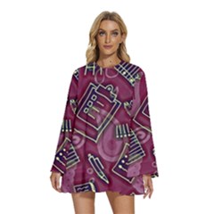 Round Neck Long Sleeve Bohemian Style Chiffon Mini Dress 