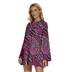 Round Neck Long Sleeve Bohemian Style Chiffon Mini Dress 