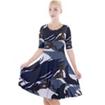 Blue Winter Camouflage, Military Camouflage Quarter Sleeve A-Line Dress With Pockets