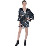 Blue Winter Camouflage, Military Camouflage V-Neck Flare Sleeve Mini Dress