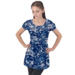 Blue, Camouflage, Cool, Navy, New, Pattern Puff Sleeve Tunic Top