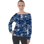 Blue, Camouflage, Cool, Navy, New, Pattern Off Shoulder Long Sleeve Velour Top