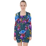 Falling Flowers, Art, Coffee Cup V-neck Bodycon Long Sleeve Dress