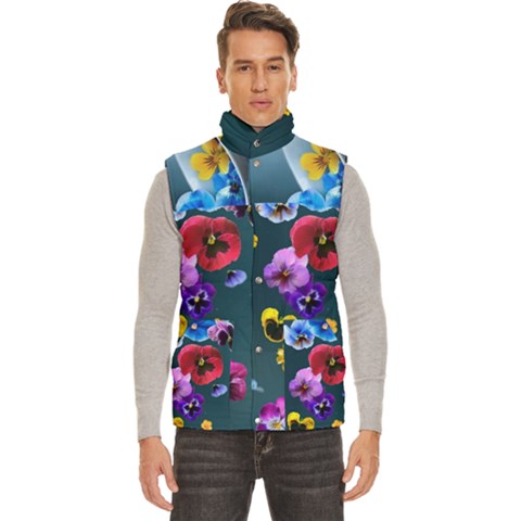 Falling Flowers, Art, Coffee Cup Men s High Neck Button Up Puffer Vest from ArtsNow.com