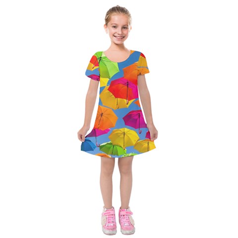 Umbrella, Colorful, Positive, Sky, Rainbow Kids  Short Sleeve Velvet Dress from ArtsNow.com