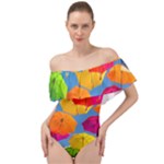 Umbrella, Colorful, Positive, Sky, Rainbow Off Shoulder Velour Bodysuit 