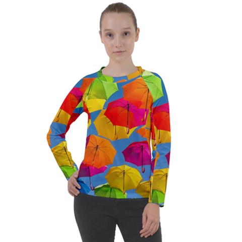 Umbrella, Colorful, Positive, Sky, Rainbow Women s Long Sleeve Raglan T