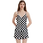 Pattern Checkered Squares Black White Pattern V-Neck Satin Loungewear Set