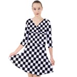 Pattern Checkered Squares Black White Pattern Quarter Sleeve Front Wrap Dress