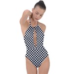 Pattern Checkered Squares Black White Pattern Plunge Cut Halter Swimsuit