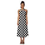 Pattern Checkered Squares Black White Pattern Sleeveless Cross Front Cocktail Midi Chiffon Dress