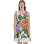 Embroidery Roses Floral Design Round Neck Sleeve Casual Dress With Pockets