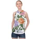 Embroidery Roses Floral Design High Neck Satin Top